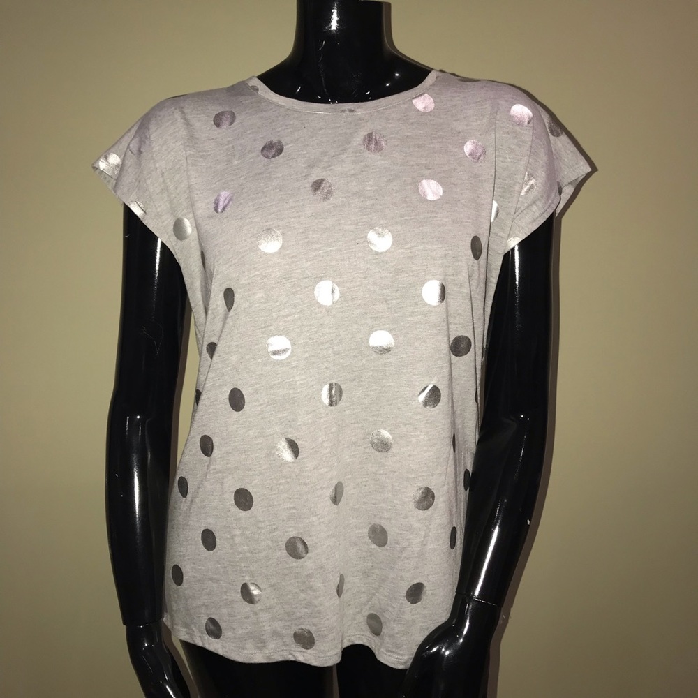 Decjuba Heather Grey Cap sleeve T-shirt Metallic Silver Polka dots Large